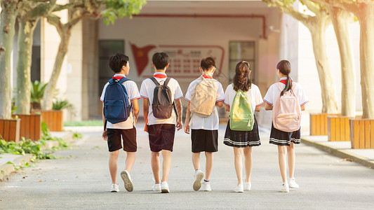 初中男孩走在校园林荫小道的同学们背影背景