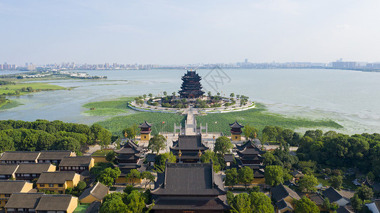 苏州阳澄湖湖中的寺庙航拍苏州重元寺背景