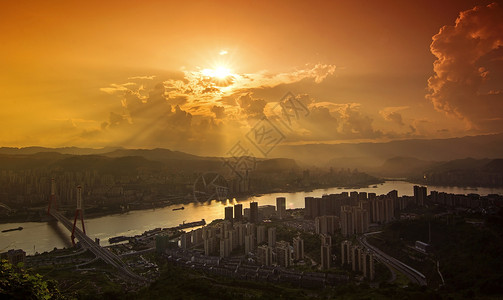 重庆三峡博物馆平湖夕阳霞光万丈背景