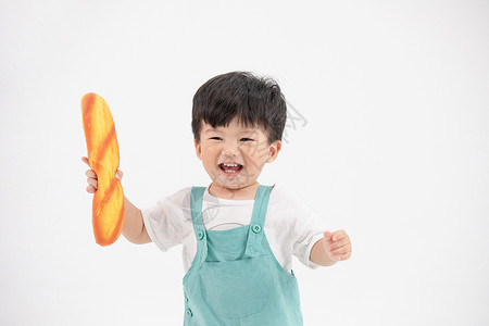 小孩子笑可爱小宝宝拿着面包跑动玩耍背景