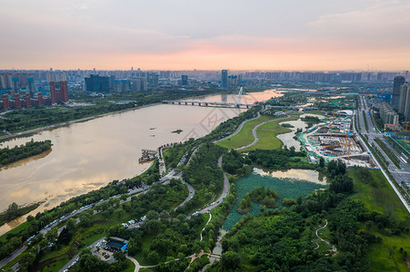 西安浐灞日落航拍图片