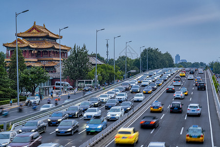 高峰期北京雍和宫东二环交通背景
