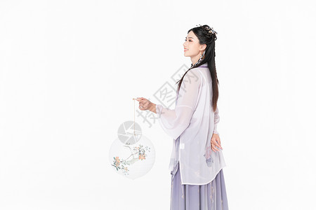 紫色圆盘中国风古装汉服美女提纸灯笼背景