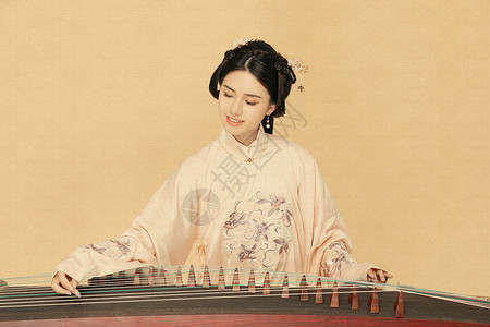 古琴演奏工笔画古风汉服中国风美女弹古琴背景