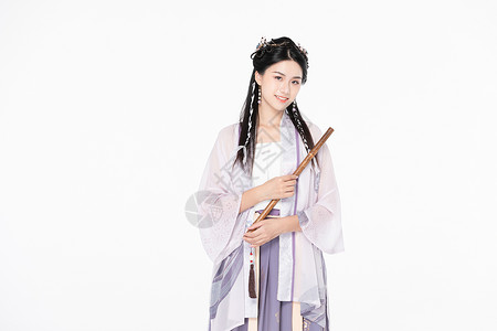 拿竹笛的女孩中国风古装汉服美女拿竹笛背景
