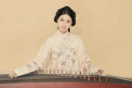 弹古筝的古代女子工笔画古风汉服中国风美女弹古筝背景