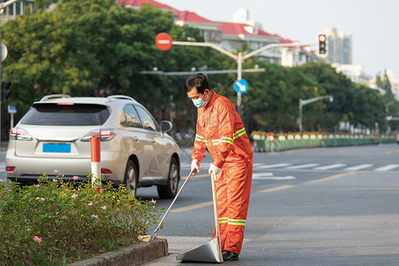 清理马路户外打扫城市街道的环卫工人背景