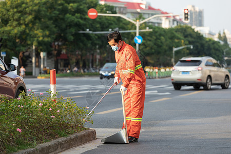 清理马路户外打扫城市街道的环卫工人背景