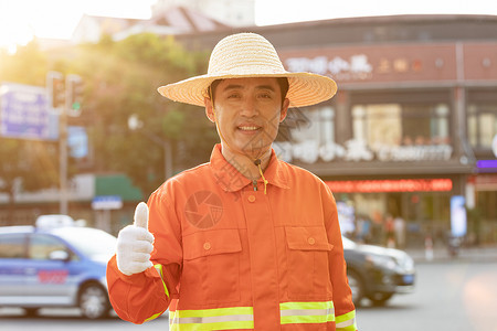 炎热街道户外环卫工人点赞背景