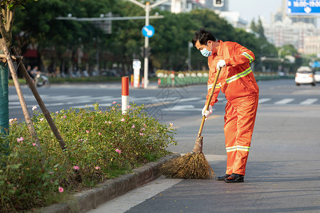卫生城市艺术字打扫马路街道的环卫工人背景