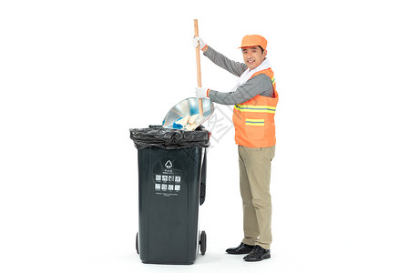 使用簸箕倒垃圾的环卫工人图片