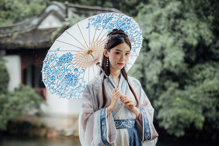 蓝白相间雨伞中国风古风汉服美女游园背景