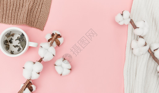 粉色背景上的棉花和毛衣图片