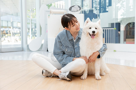 狗狗与人青年美女与宠物萨摩耶快乐相伴背景