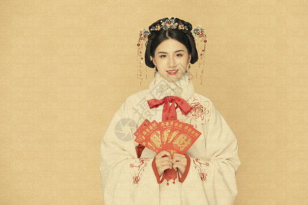 工笔画古风中国风美女拿红包背景图片