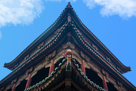 沈阳故宫的雕花建筑和屋顶背景图片