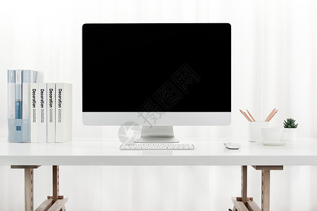 白色电脑桌学习办公桌面场景背景