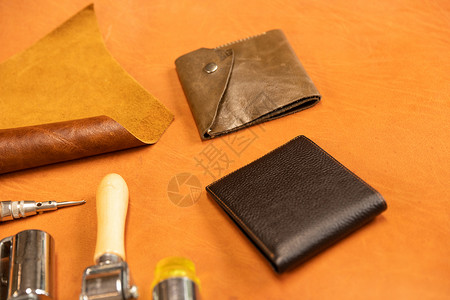 皮料制作真皮钱夹和制作工具背景