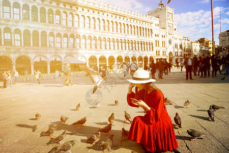 圣马可广场喂鸽子的女孩图片