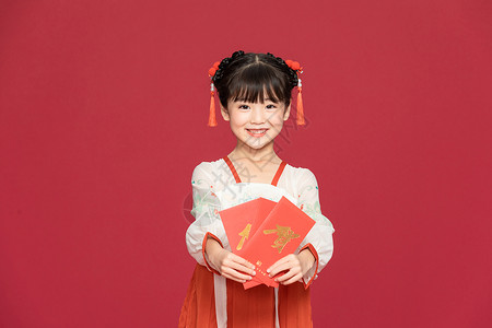 收玉米的女孩古风汉服中国风小女孩收红包背景