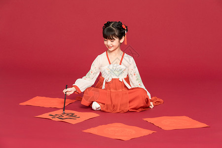 春节古装女孩古风汉服中国风小女孩写毛笔字背景