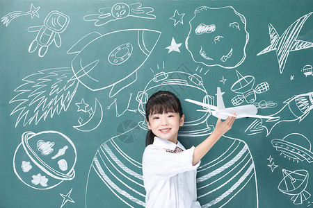 儿童小女孩托举飞机航天梦想背景图片