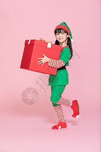 小清新圣诞节女孩送礼物卡通插画可爱小女孩cos装扮圣诞礼物背景
