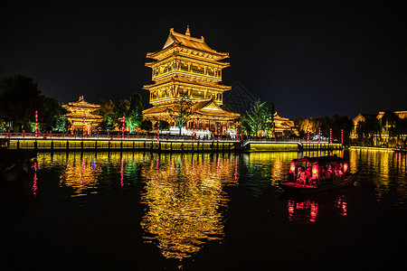 台儿庄景区游船山东台儿庄古城夜景灯光景观背景