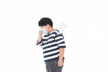 戴着口罩咳嗽的小男孩小胖子背景图片
