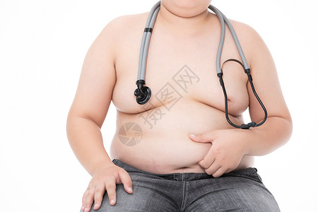 健康底图挂着听诊器捏着肚子的男孩小胖子背景