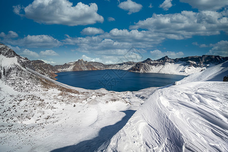 蓝天白云雪山吉林长白山天池冬天风景背景