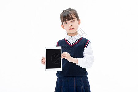 黑板底图女孩手拿着展示平板电脑背景