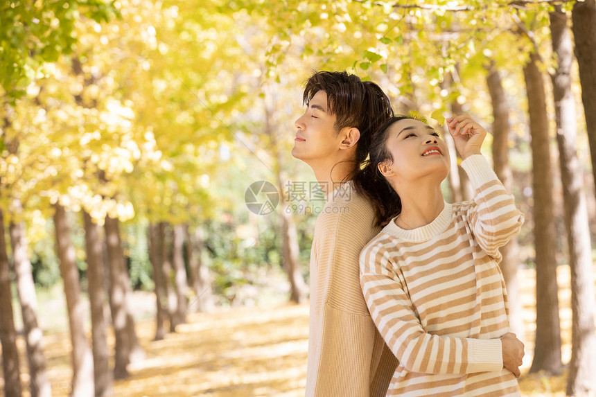 情侣在树林里欣赏秋天美景图片