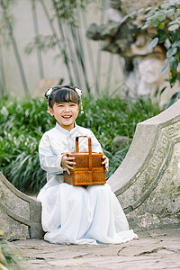 中国风儿童汉服小女孩提篮子背景