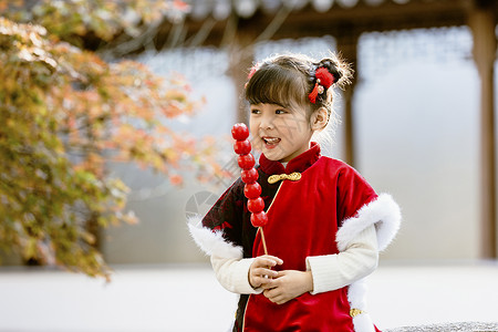 拿糖葫芦的女孩中国风儿童新年拿糖葫芦逛公园背景