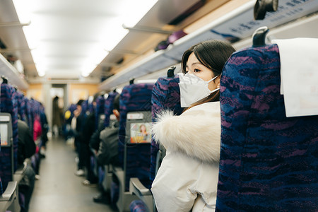 女性坐在火车车厢内四处张望背景图片