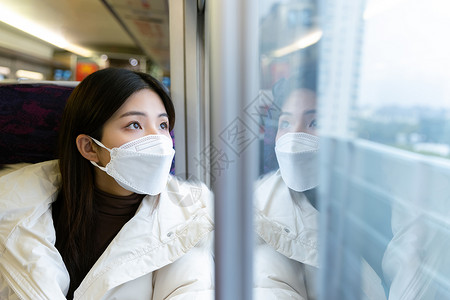 少女坐在火车车厢看窗外风景背景图片