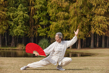 中国扇老奶奶晚年生活公园里练太极扇背景