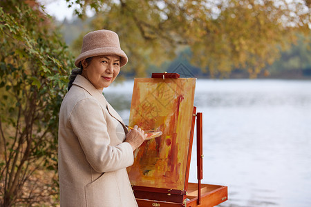 油画冬天秋季老人公园里绘画油画背景