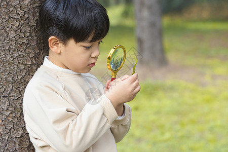 拿望远镜探索的小男孩秋季小男孩公园里拿放大镜观察植物背景