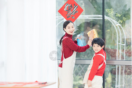 春节打扫卫生春节母子家庭大扫除背景