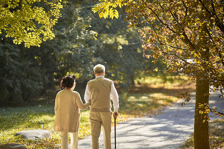 冬季老年人老年夫妇公园走路背影背景