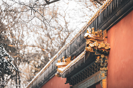 神社门南京明孝陵文武方门红墙上冬天的雪背景