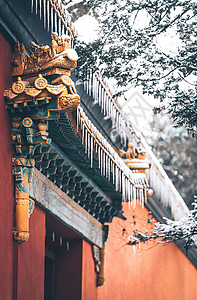 龙雕塑南京明孝陵文武方门红墙上冬天的雪背景