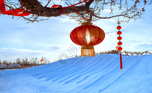 内蒙古冬季大红灯笼高高挂背景