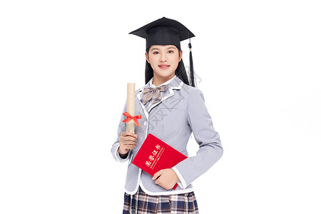 金榜题名升学宴戴学士帽手拿毕业证书的青少年女学生背景