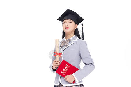 金榜题名升学宴戴学士帽手拿毕业证书的青少年女学生背景