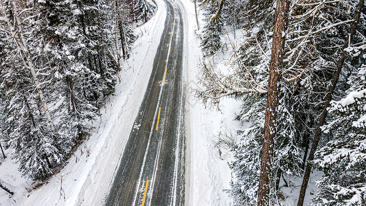 雪山降雪新疆冬季喀纳斯雪山公路道路背景