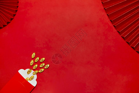 红色中国风扇形卷轴喜庆的新年静物金元宝背景
