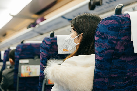 春节防疫内容展板疫情期间戴着口罩坐火车的女性背影背景